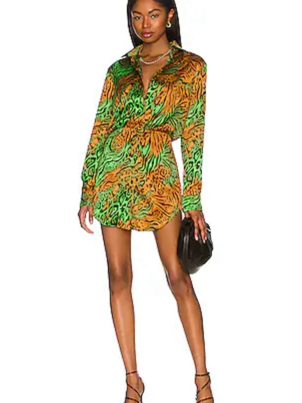 Camila Coelho Neon Green and Orange Animal-Print Mini Shirt Dress
